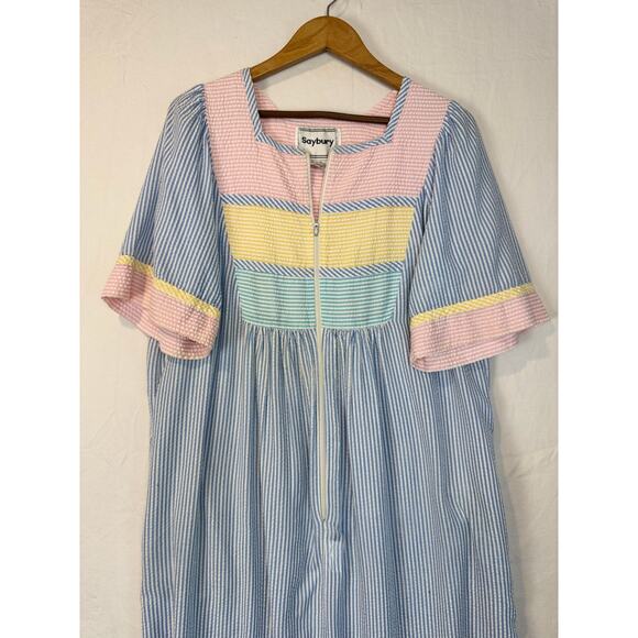 VTG 80'S Saybury Pastel‎ Seersucker Stripe Maxi Zip Up House Dress Robe Medium - Picture 3 of 9